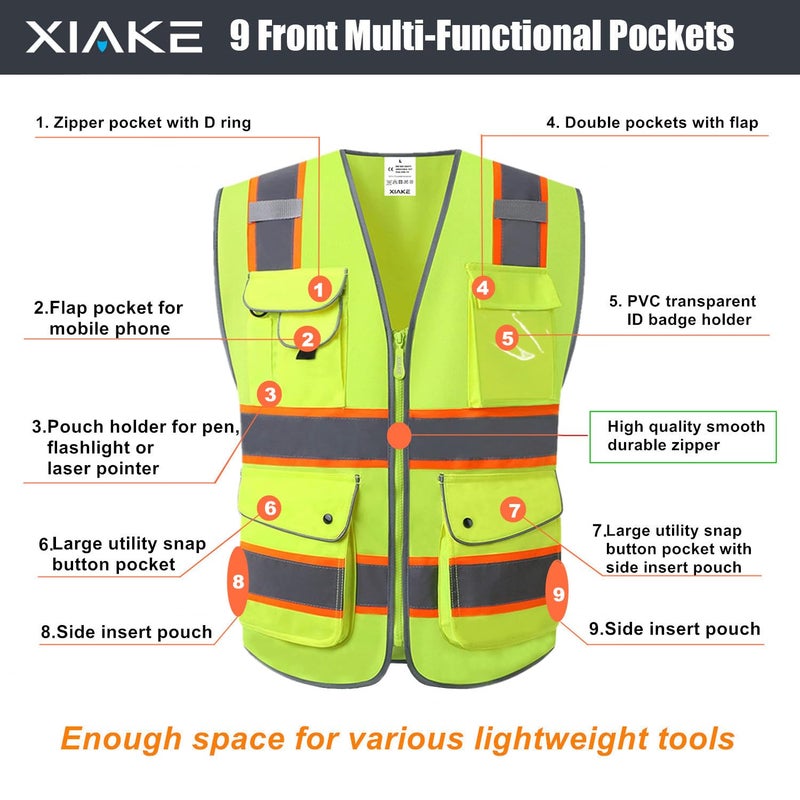 XIAKE 9 Pockets High Visibility Reflective Safety Vest with 2 Inch Dual Tone Reflective Strips,Meets ANSI/ISEA Standard,Neon Yellow,4X-Large - Image 3